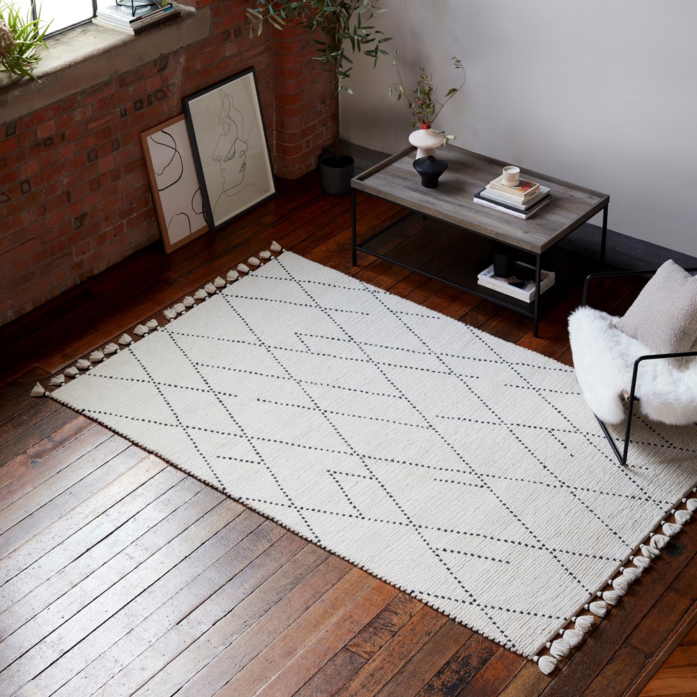 Nepal Boho Linear Berber Wool Rugs in Cream Black